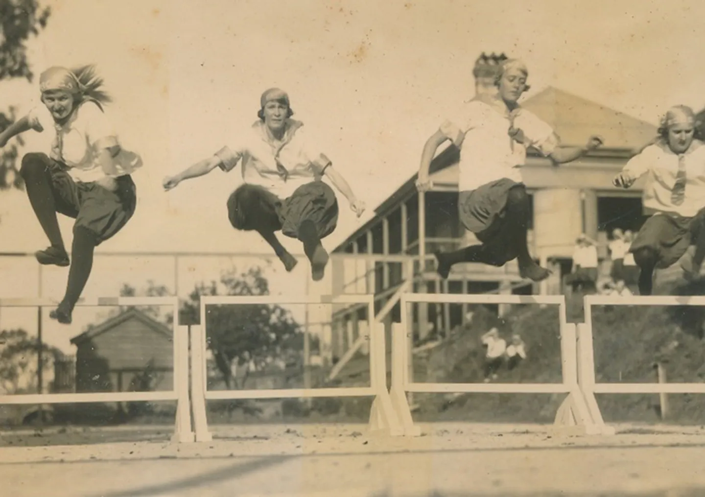 1924-hurdling-on-the-running-track-molly-pratten-dorothy-hill-joyce-guthrie-possibly-mayday-matters-tile
