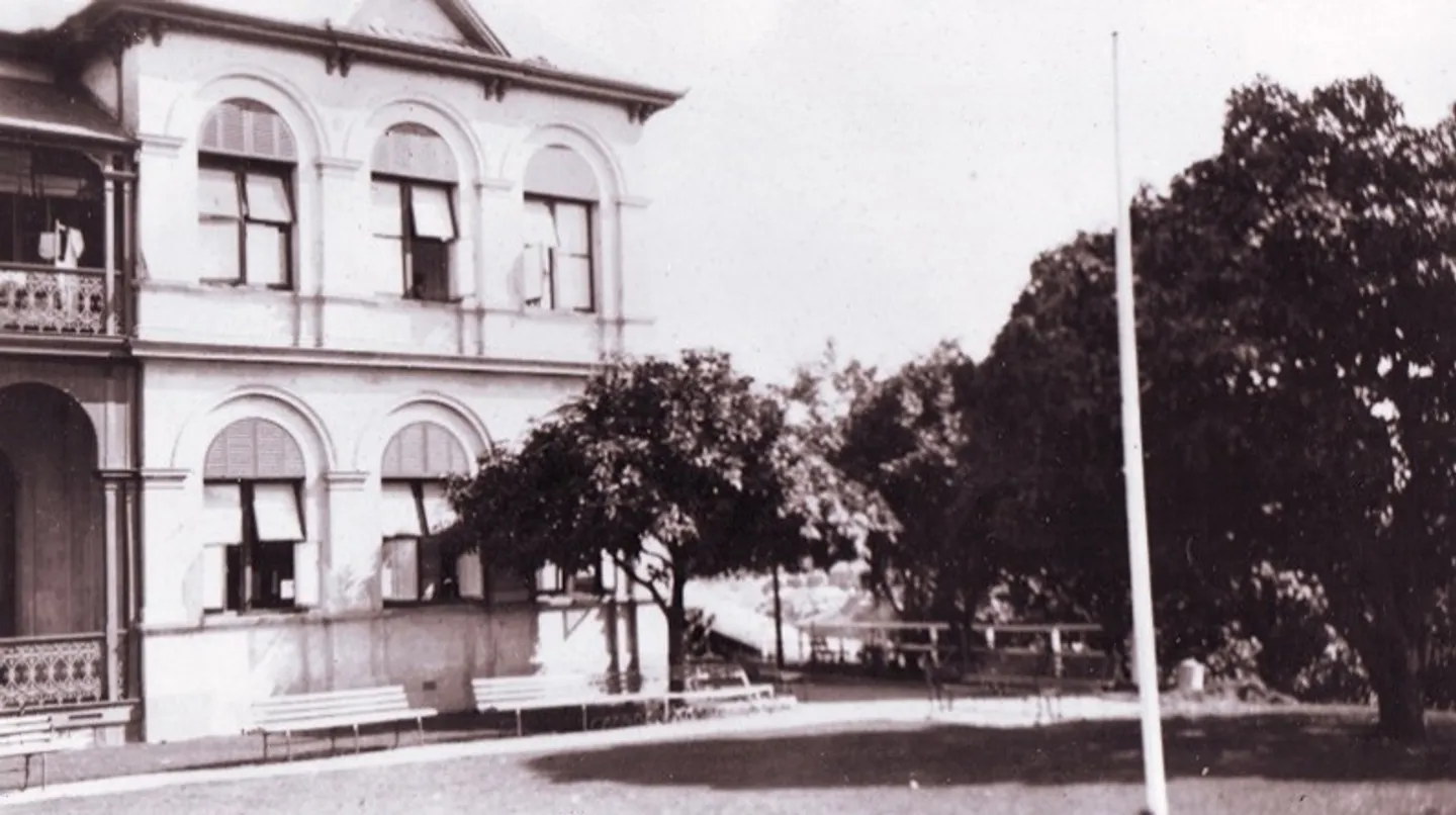 1949-the-flagpole-erected-on-the-east-side-of-main-building-now-the-stage-lawn
